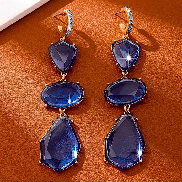 Gold Plated Blue Crystal Dangle Earrings – Exaggerated Geometric Statement Style - Picture 2 of 5